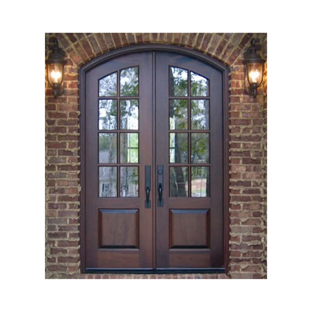 Arched wrought iron and wood door EL1126 MCD with beveled glass panels, hand-forged for elegance and durability.