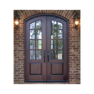 Arched wrought iron and wood door EL1126 MCD with beveled glass panels, hand-forged for elegance and durability.
