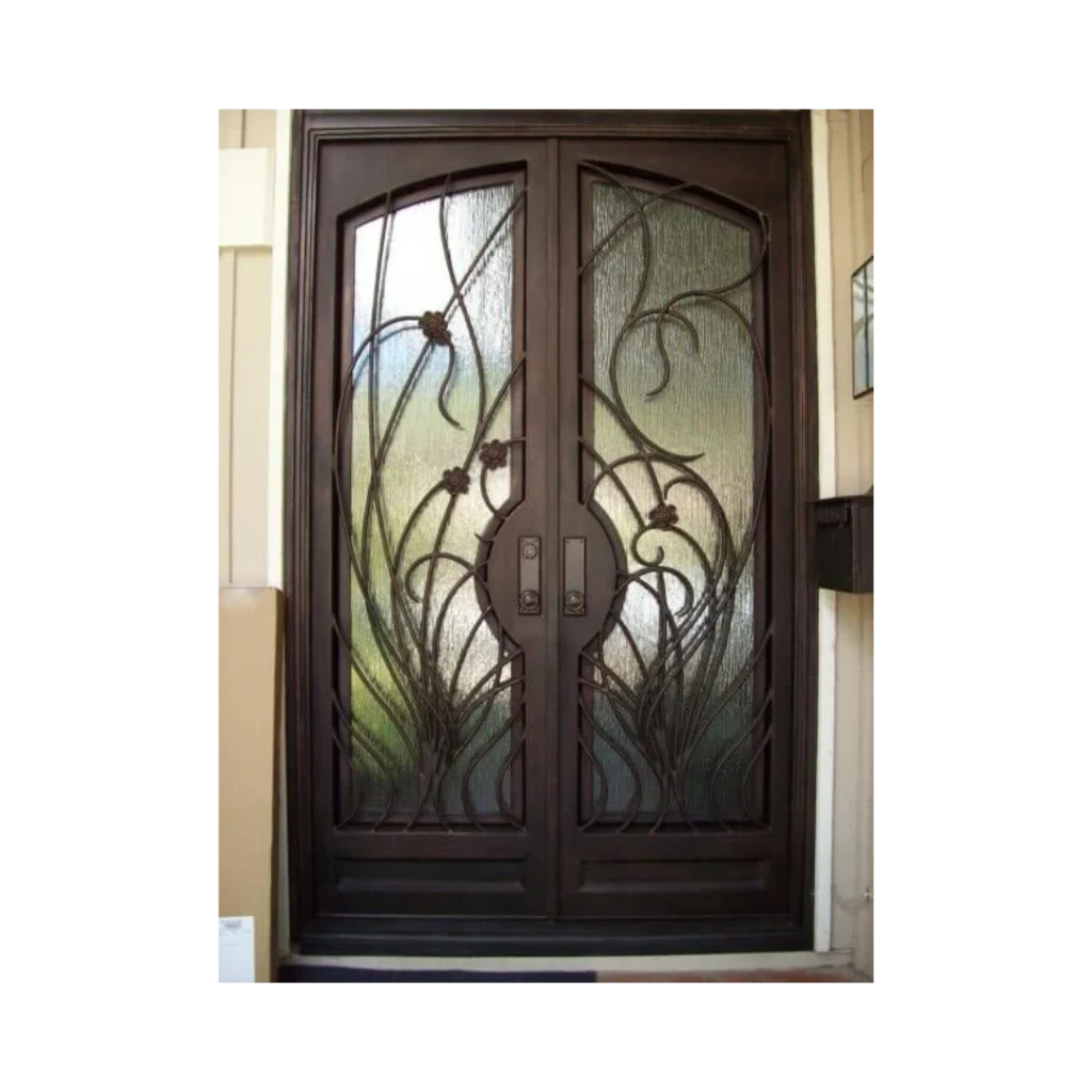 Artistic wrought iron door EL1127 MCD with custom-forged scrollwork and textured glass, handcrafted for elegance and strength.