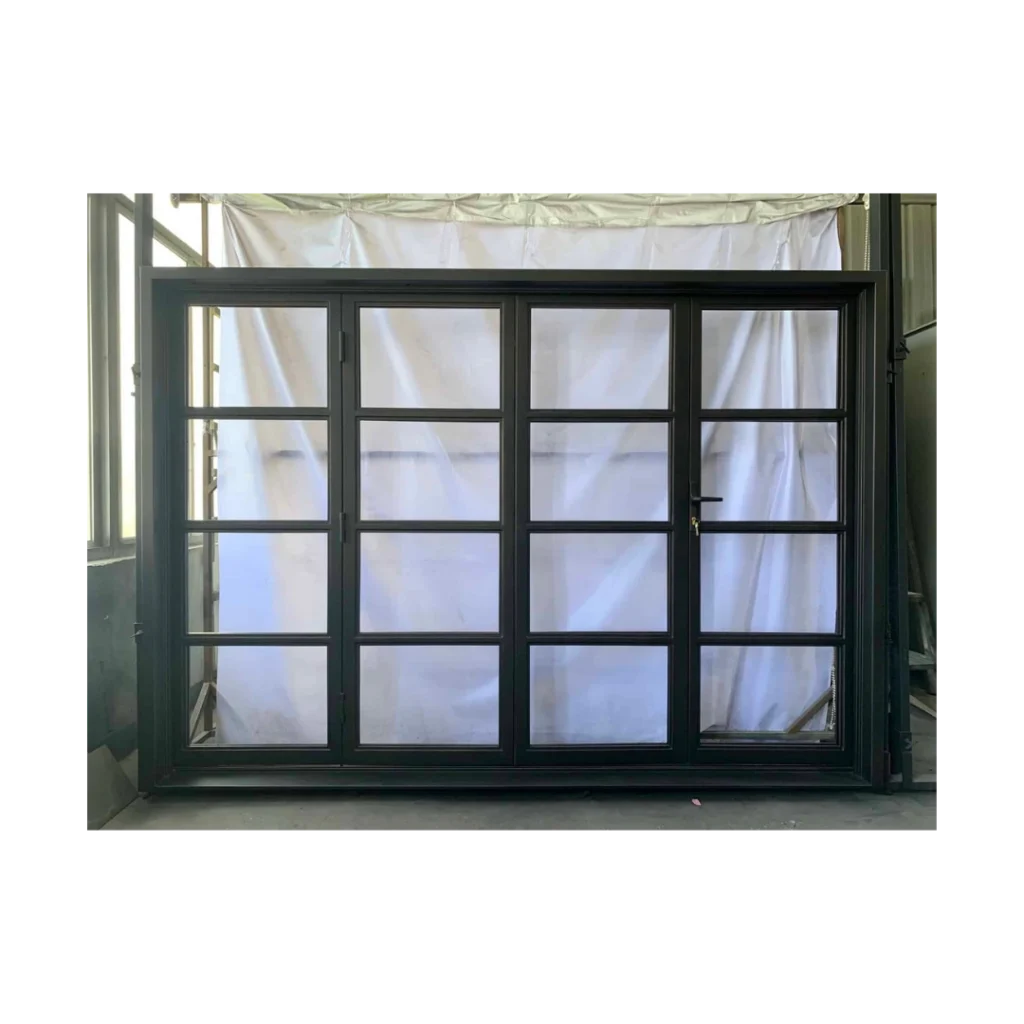 Contemporary pivot wrought iron door EL1129 MCD with glass grid panels, hand-forged for modern elegance.