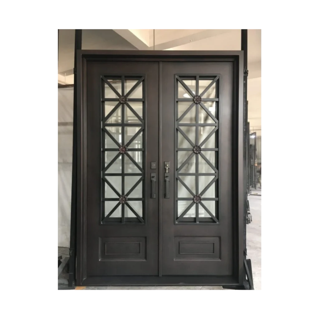 Double wrought iron door EL1130 MCD with geometric mullions and frosted glass, hand-forged for strength and artistry.