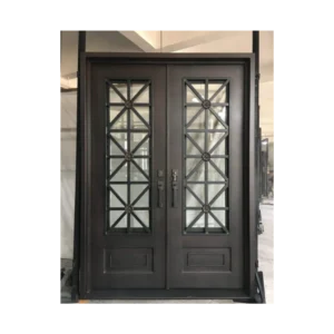 Double wrought iron door EL1130 MCD with geometric mullions and frosted glass, hand-forged for strength and artistry.