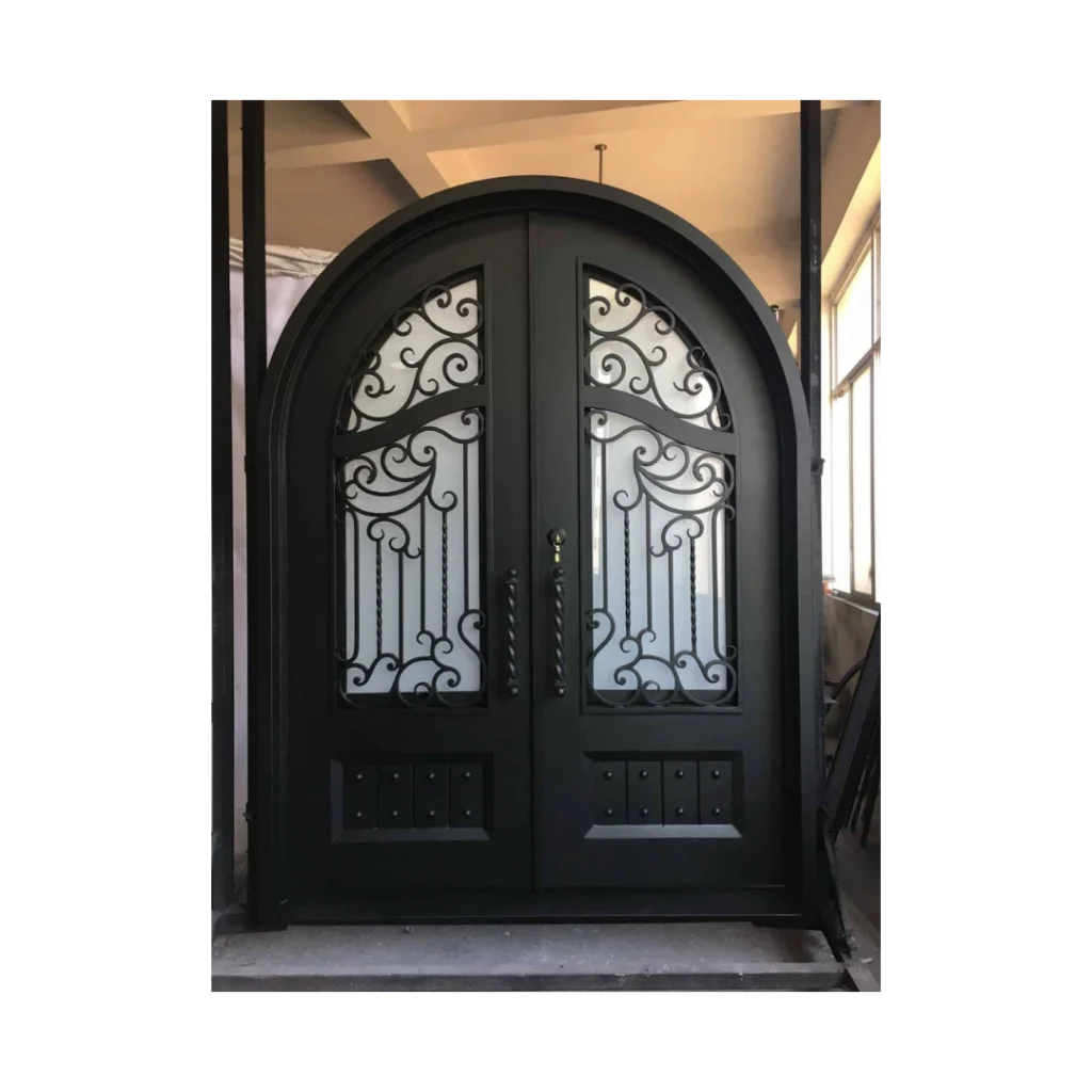 Double arched wrought iron door EL1134 MCD with decorative transom and scrolls, hand-forged for luxury strength.