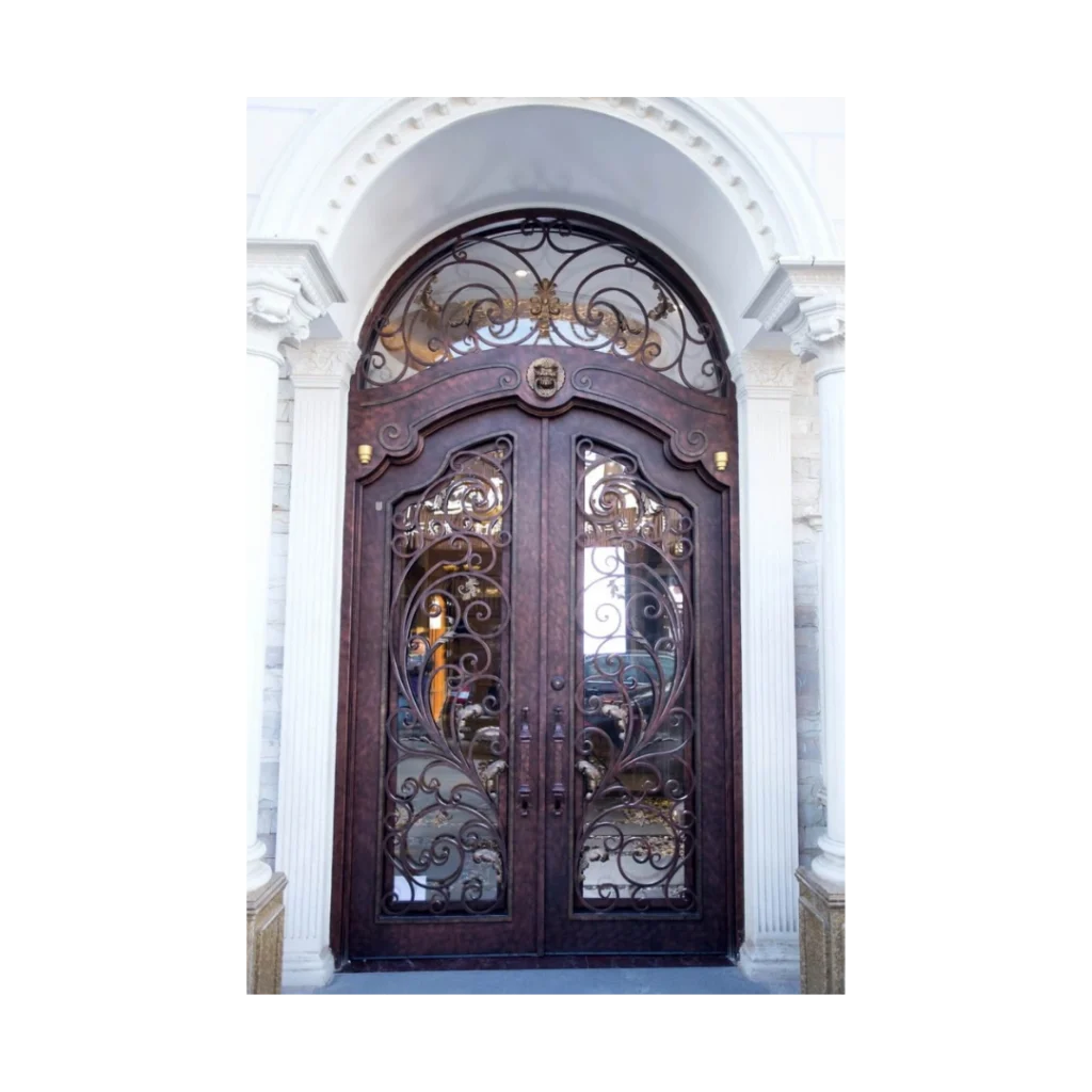 Ornate arched wrought iron door EL1135 MCD with hand-forged scrollwork, designed for strength and artistry.