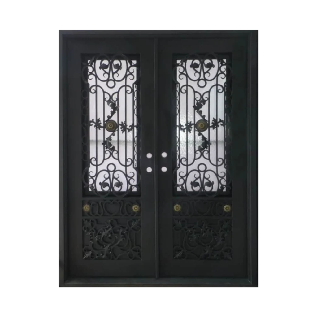 Ornate wrought iron door EL1145 MCD with rosettes, grille, and scrollwork, handcrafted for secure luxury.