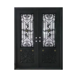 Ornate wrought iron door EL1145 MCD with rosettes, grille, and scrollwork, handcrafted for secure luxury.