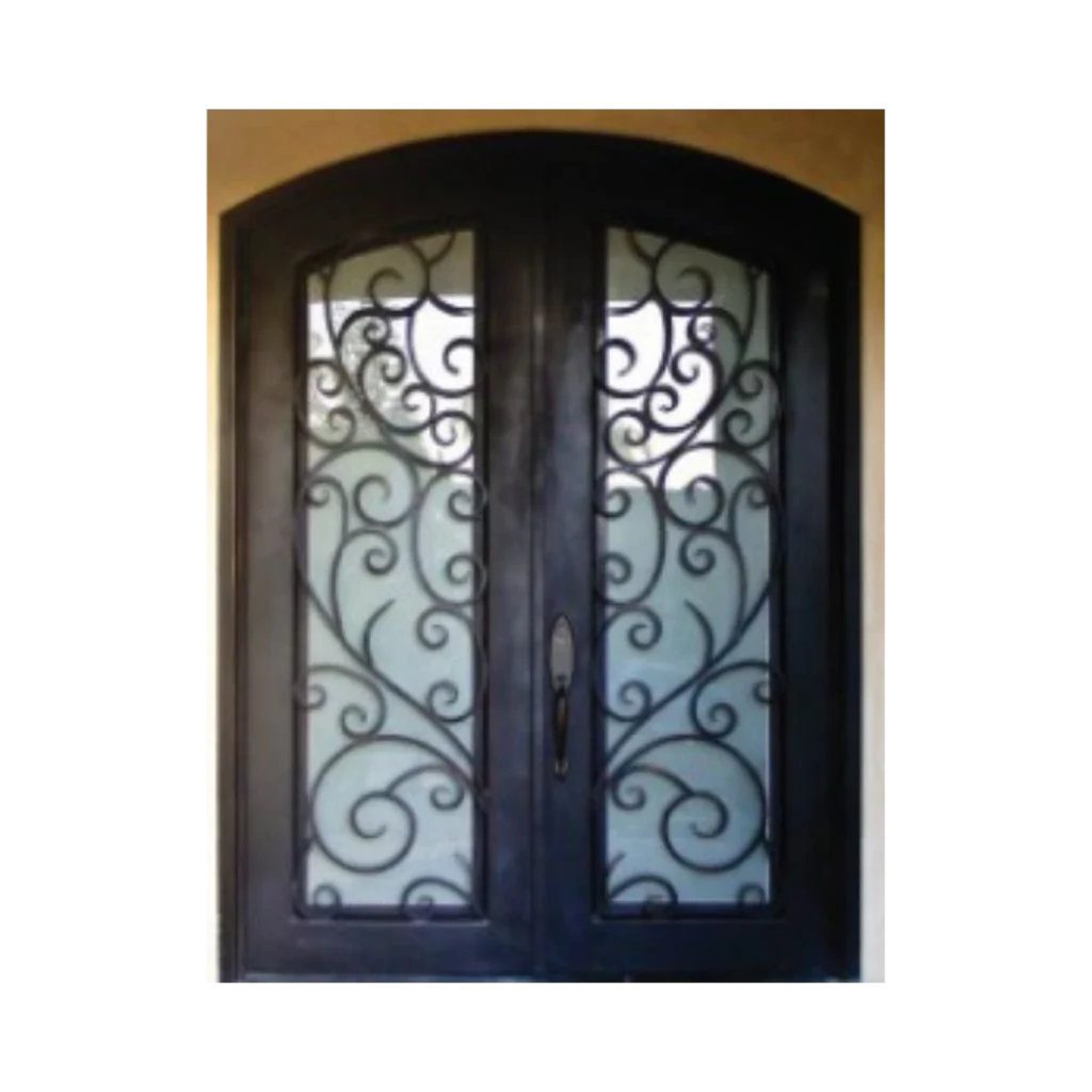 Arched wrought iron door EL1146 MCD with scrollwork and textured glass, hand-forged for privacy and artistry.