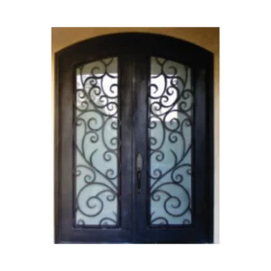 Arched wrought iron door EL1146 MCD with scrollwork and textured glass, hand-forged for privacy and artistry.