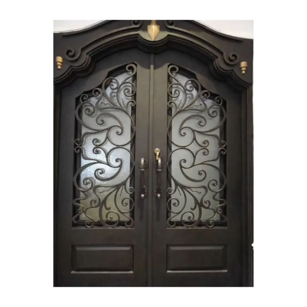 Double wrought iron door EL842 MCD with unique scrollwork and glass, handcrafted for elegance and strength.