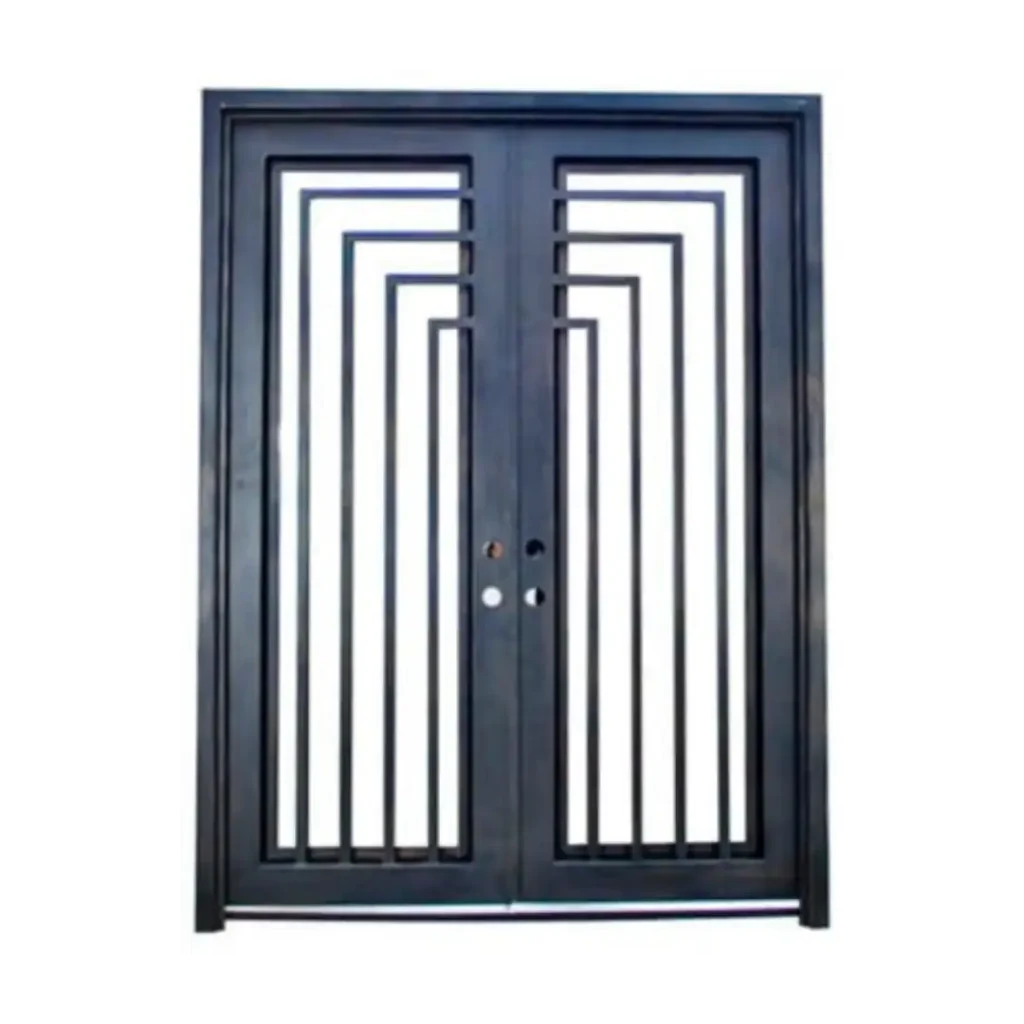 Double wrought iron door EL972 MCD with modern linear glass design, handcrafted for strength and sleek elegance.