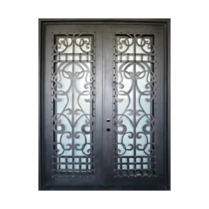 Ornate Arabian style wrought iron door EL973 MCD with scroll and glass panels, handcrafted for elegance and durability.