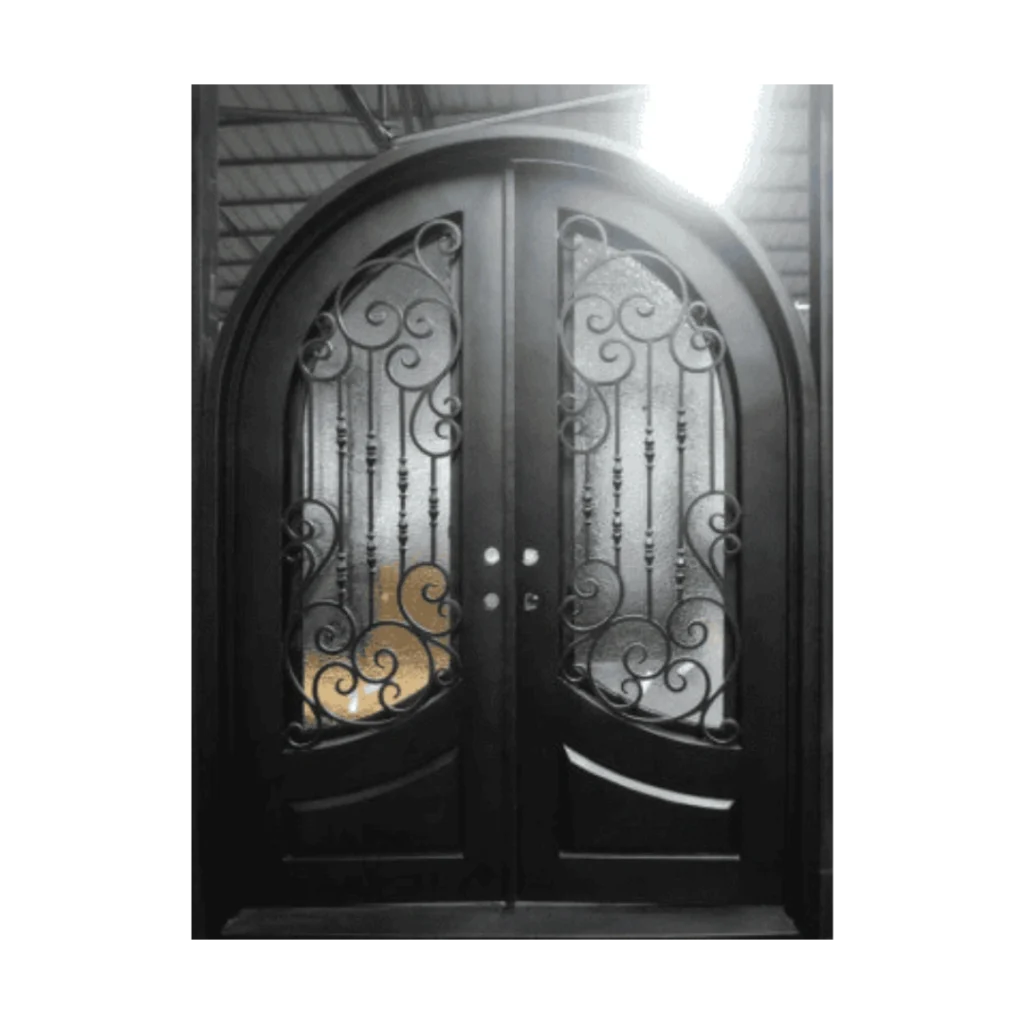 Double arched wrought iron door EL980 MCD with bold scroll design, luxury entry.