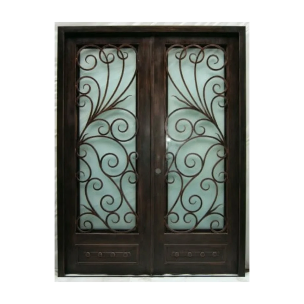 Contemporary wrought iron door EL984 MCD with flowing scrollwork and rectangular frame, handcrafted for elegance.