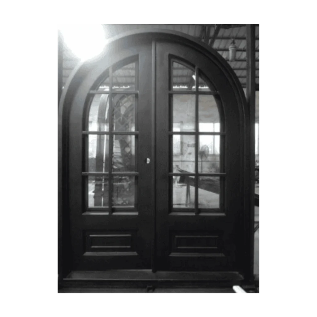 Double wrought iron door EL987 MCD with large glass panes, combining strength, security, and timeless luxury design.
