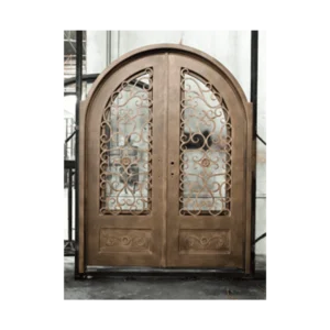 Double arched wrought iron door EL994 MCD with bronze patina finish and ornate scrollwork, hand-forged for luxury appeal.