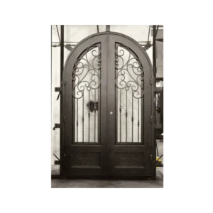 Double arched wrought iron door EL995 MCD with scrollwork and grille, handcrafted for strength and elegant design.