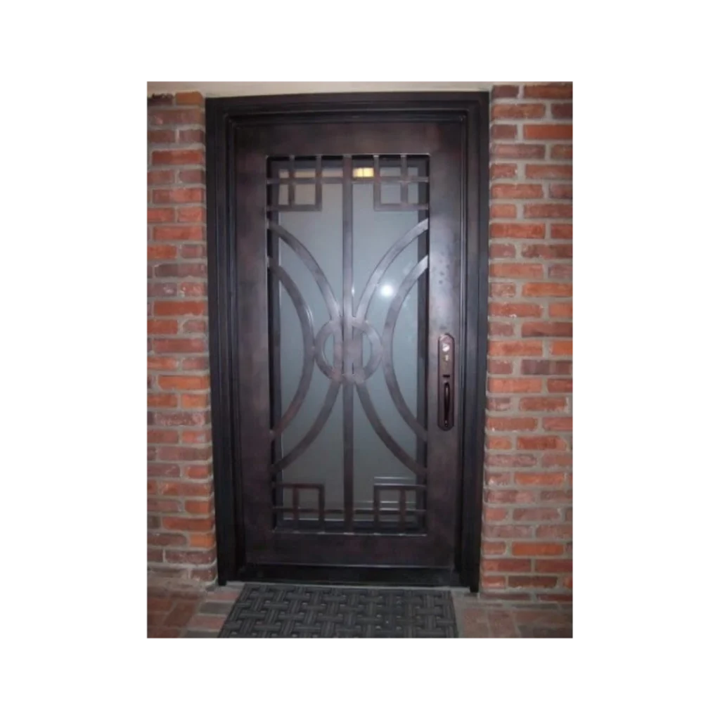 Single wrought iron door EL999 MCD with geometric grille design, handcrafted for strength, artistry, and modern elegance.