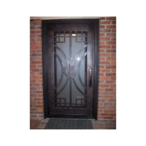 Single wrought iron door EL999 MCD with geometric grille design, handcrafted for strength, artistry, and modern elegance.