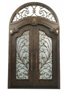 Custom wrought iron door EL1046 MCD with ornate scrollwork and arched transom, elegant and secure double entry design.