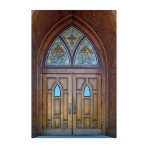 Gothic arched wood church door EX7036 MCD with stained glass accents