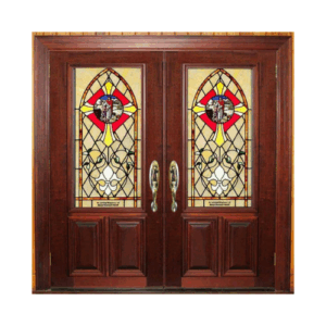 Traditional religious stained-glass wood church door EX7038 MCD with religious motifs and Gothic tracery