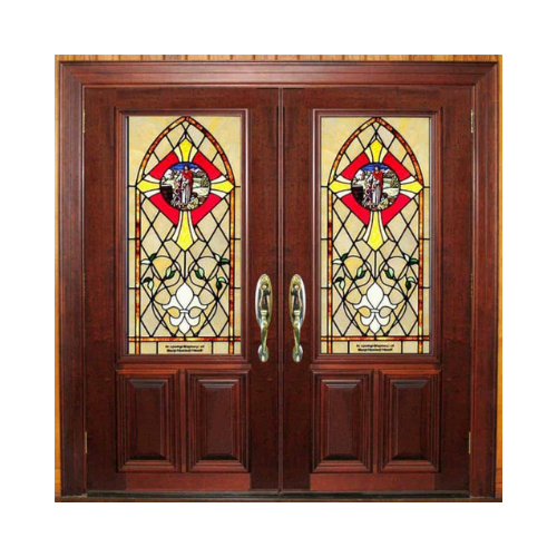 Traditional religious stained-glass wood church door EX7038 MCD with religious motifs and Gothic tracery