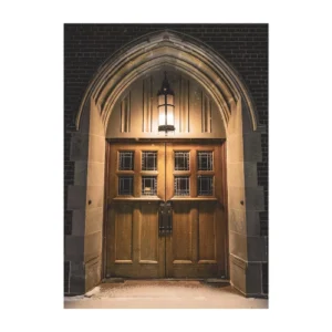 Gothic arched wood church door EX7041 MCD with stained-glass panels and stone framing