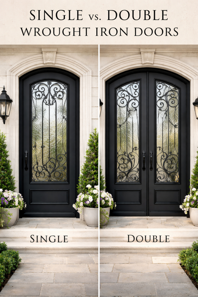 Side-by-side comparison of single vs double wrought iron entry doors showing one-panel and two-panel iron front door designs