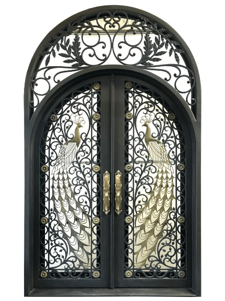 Custom arched double wrought iron door with detailed peacock scrollwork and decorative transom.