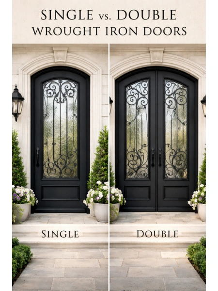 Side-by-side comparison of single and double black wrought iron doors with decorative glass.
