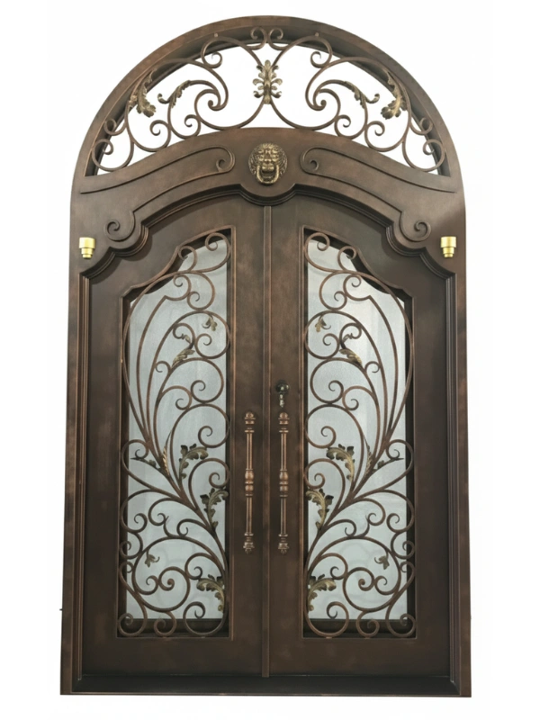 Custom wrought iron front door installed in a modern luxury home entrance