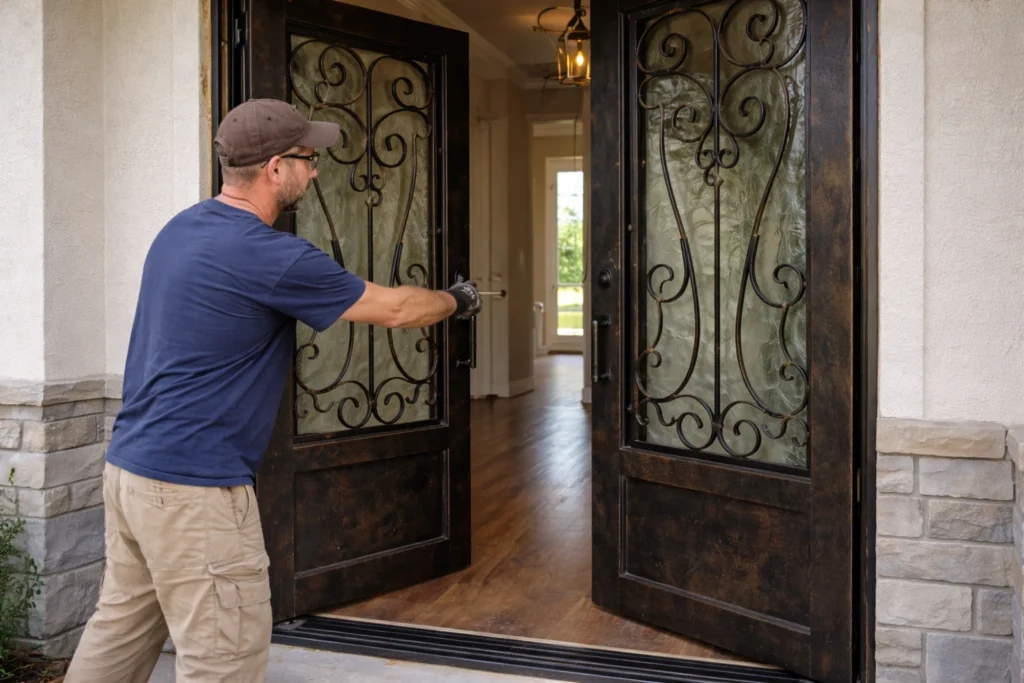 Contractor performing final inspection of a newly installed wrought iron front door