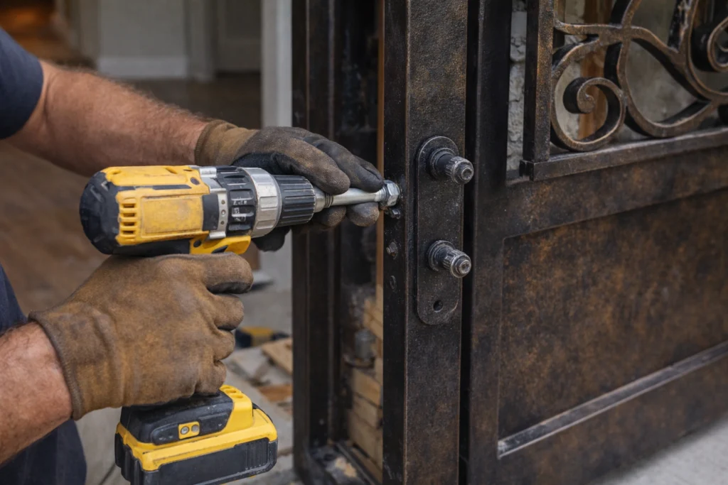 Anchoring a wrought iron door frame securely into the wall with heavy-duty bolts