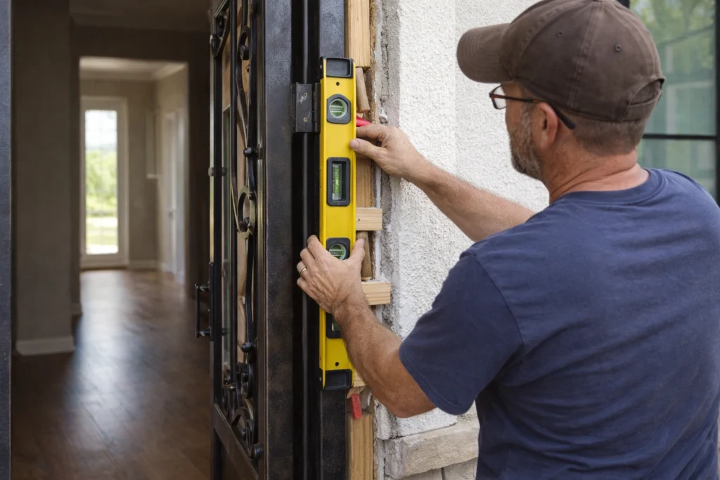 How contractors level a wrought iron door frame using shims during installation