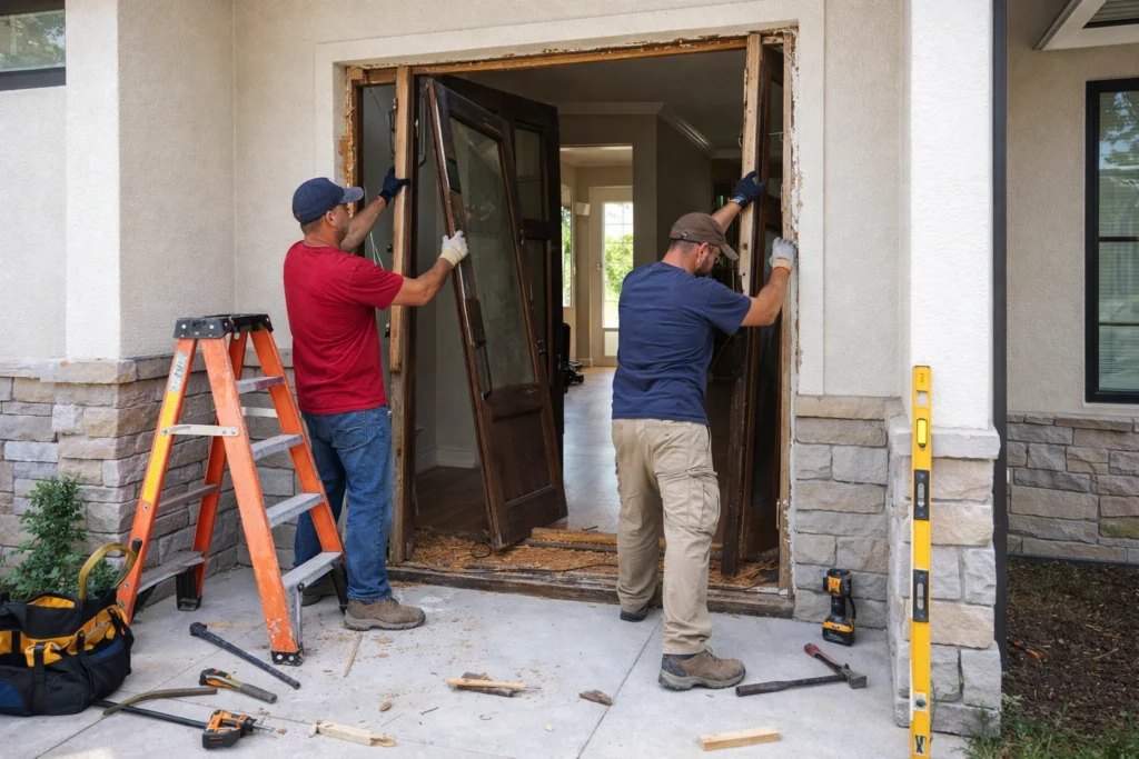 Removing an old front door and preparing the opening for wrought iron door installation