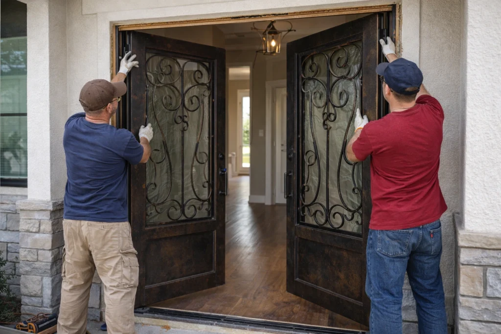 Installing wrought iron door panels and decorative glass inserts into the frame