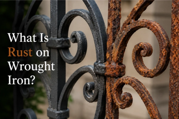 Close-up comparison of rusted and protected wrought iron scrollwork showing corrosion damage and rust formation on exposed metal surfaces