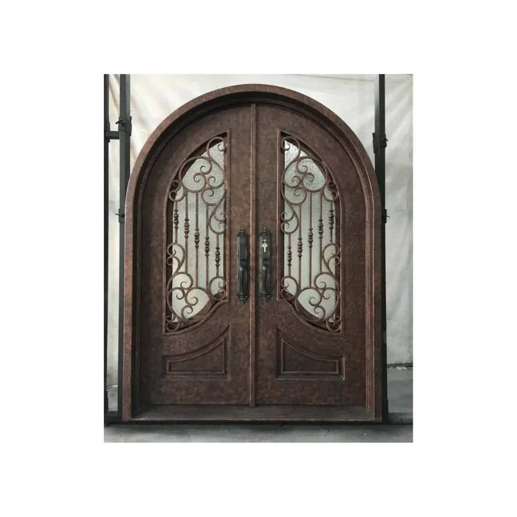 Arched custom wrought iron double door with decorative scrollwork and protective finish for rust resistance and long-term durability
