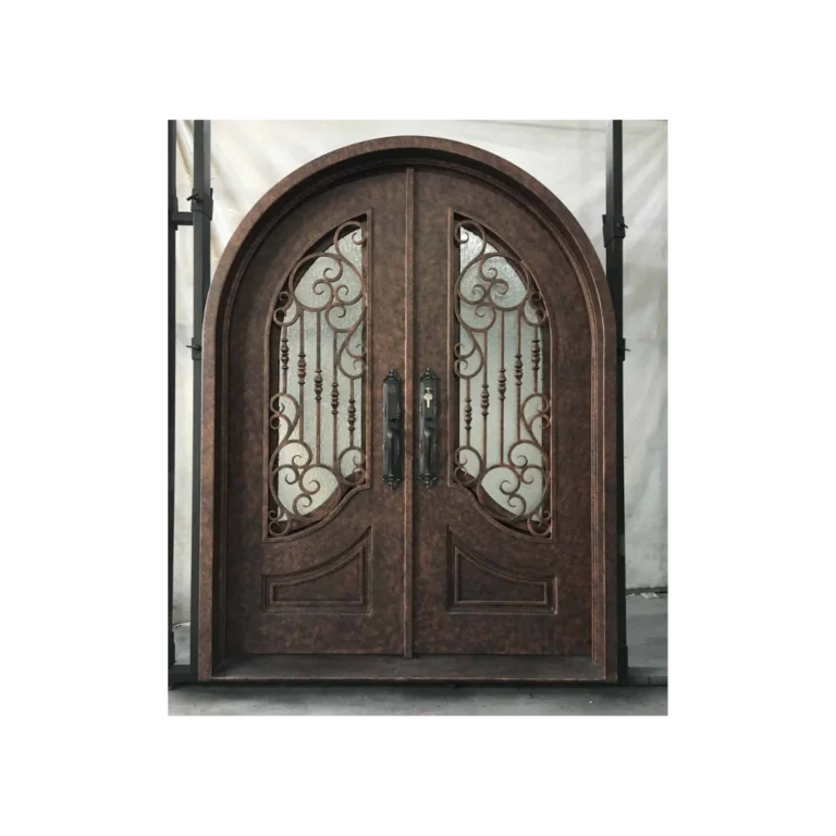 Arched custom wrought iron double door with decorative scrollwork and protective finish for rust resistance and long-term durability