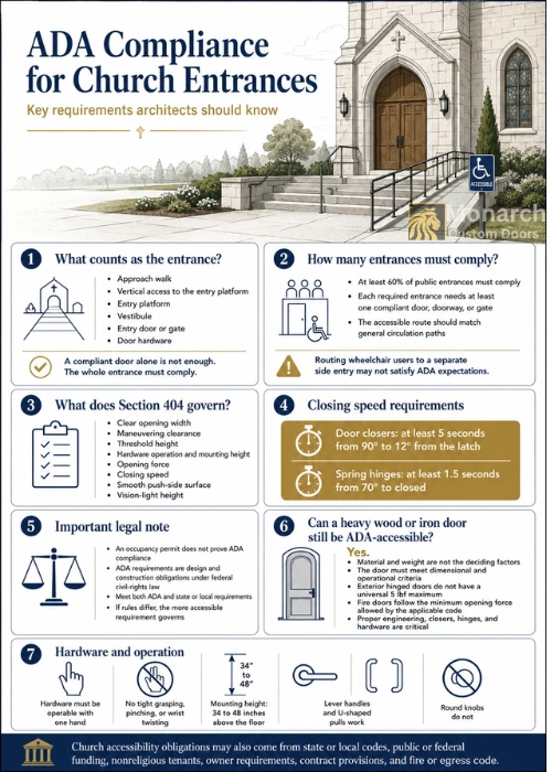 Infographic covering ADA church entrance requirements: entrance scope, Section 404 criteria, closing speeds, and hardware