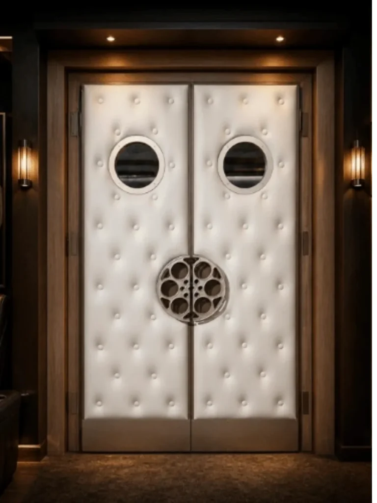 Custom home theater double doors with white padded panels, round windows, and decorative film reel handles.