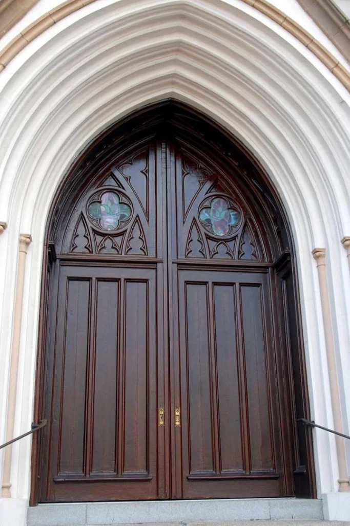 Gothic cathedral double church door EX7011 with pointed lancet arch, carved tracery, and quatrefoil glass panels