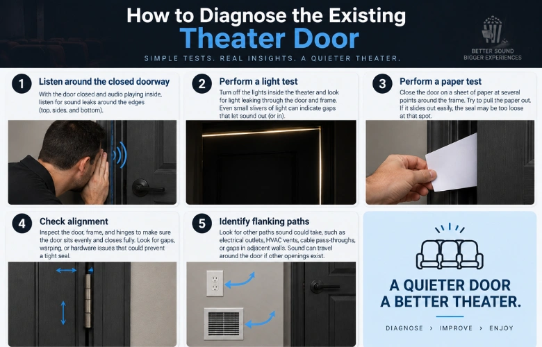 Infographic showing five tests for diagnosing sound leaks around an existing home theater door, frame, seals, and nearby openings