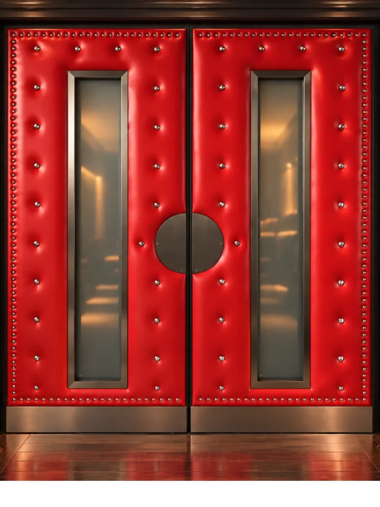 Red double home theater door HT3016 MCD featuring silver studs and tall glass inserts in a dark cinema entryway.
