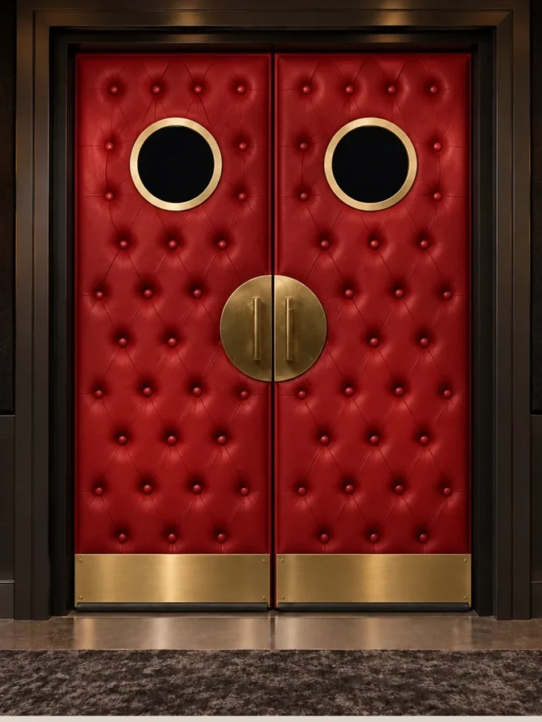 Red double home theater doors with an automatic drop seal resting against a smooth threshold.