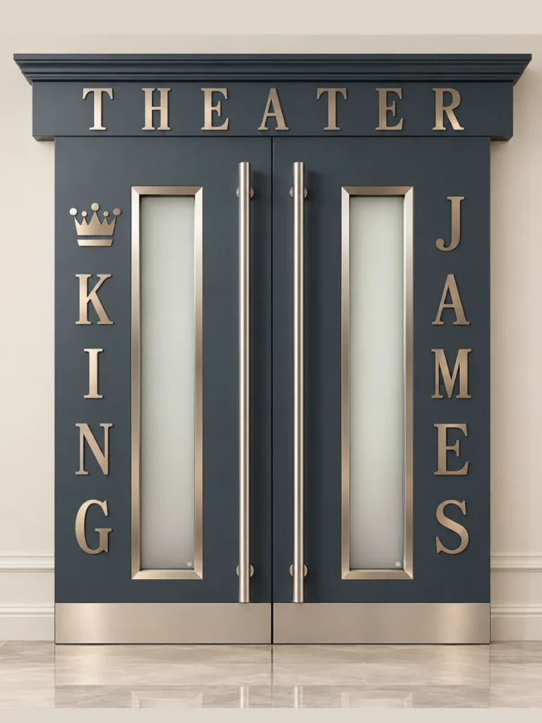 Dark double home theater doors with frosted glass panels, long metal handles, and decorative theater lettering.