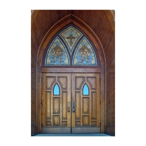 Gothic arched wood church door EX7036 MCD with stained glass accents
