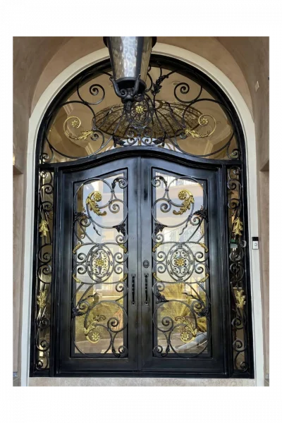 Ornate arched wrought iron double door with gold scrolls – EL1251 MCD