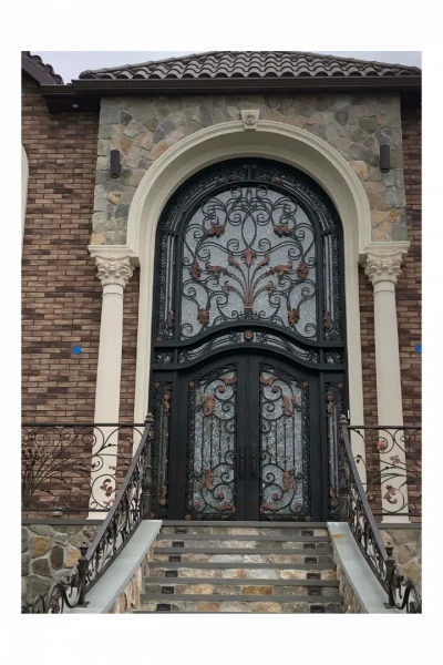 Ornate grand arched wrought iron door with scroll and glass panels – EL1256 MCD