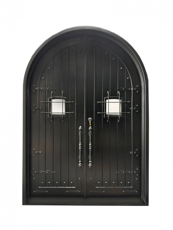 Gothic arched double wrought iron door with speadeasy grilled glass lites, black finish, 12-gauge, EL1575 MCD